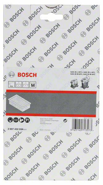 Ein Bosch-Staubbeutelmodell mit Größe M wird auf der Verpackung gezeigt, kompatibel mit GAS 35 M AFC und GAS 55 M AFC Staubsaugern.
