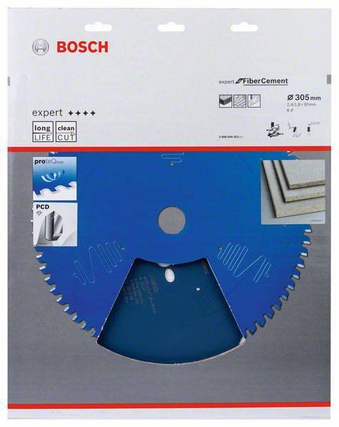 'Bosch Expert Sägeblatt für Faserzement' Verpackung zeigt ein blaues Kreissägeblatt. Text: 'long life clean cut', Durchmesser 305 mm.