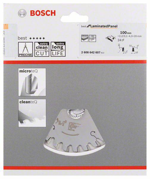 'Bosch' Verpackung eines Sägeblatts für Laminatpaneele. Funktionen: 'microteQ', 'cleanteQ', präziser und langlebiger Schnitt, 100 mm.
