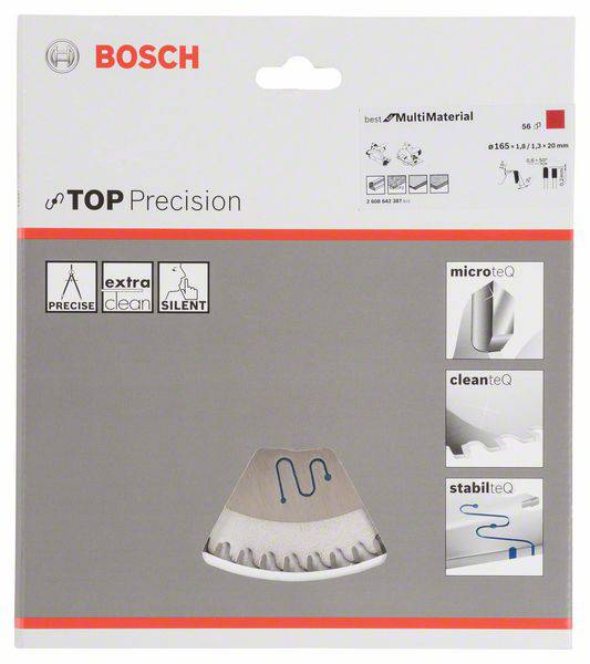 Verpackung einer Bosch Kreissägeblatt 'TOP Precision'. Geeignet für MultiMaterial, präzise Schnitte, leise und sauber.