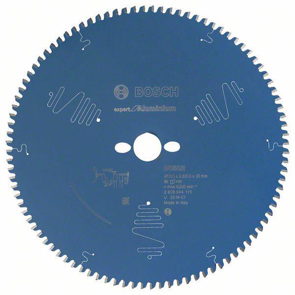 Rundes Sägeblatt von Bosch, speziell für Aluminium, mit mehreren Zähnen. Produktbezeichnung und technisches Design sichtbar.