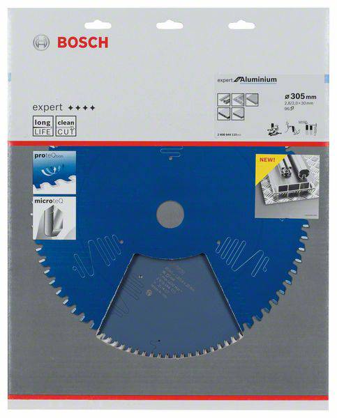 Verpackung einer blauen Sägeblatt-Scheibe der Marke Bosch, geeignet für Aluminium. Maße: 305 mm x 3,2 mm x 30 mm.