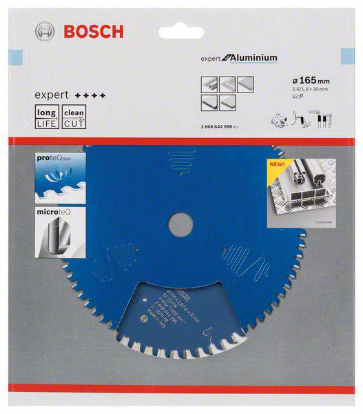 Verpackung einer Bosch Kreissägeblatt für Aluminium mit 165 mm Durchmesser. Enthält Symbole für Langlebigkeit und sauberen Schnitt.