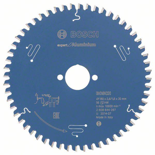 Sägeblatt von Bosch, Durchmesser 80 mm, geeignet für Aluminium, max. 16.000 U/min, 56 Zähne, in Italien hergestellt.