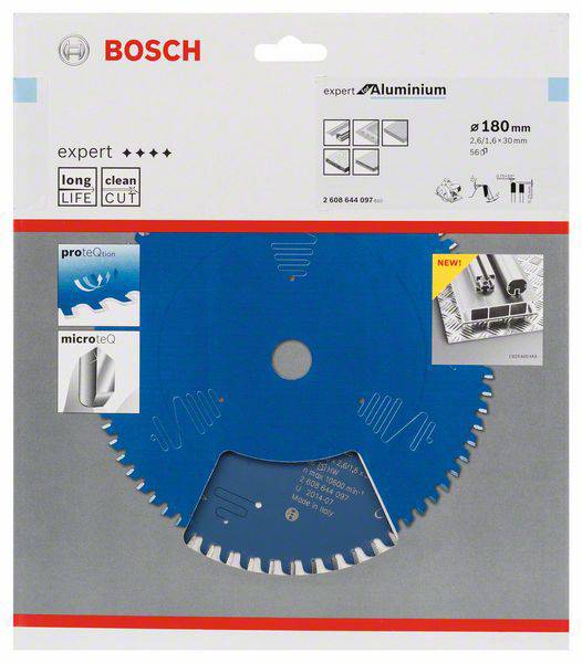 Bosch Sägeblatt für Aluminium, Durchmesser 180 mm, geeignet für präzise und saubere Schnitte. Enthält Schutz- und Qualitätssiegel.