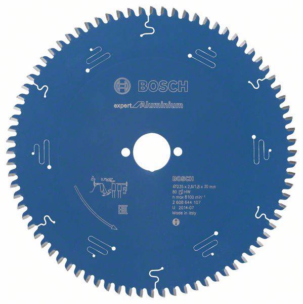 Kreissägeblatt von Bosch für Aluminium, Durchmesser 305 mm, blaue Oberfläche mit Zähnen und Markierungen, Made in Italy.