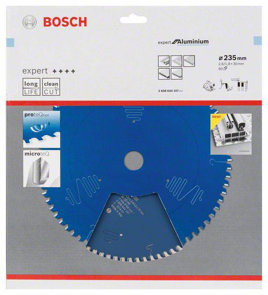 Abbildung einer Kreissägeblatt-Verpackung von Bosch, geeignet für Aluminium, Durchmesser 235 mm, mit langlebiger und präziser Schneidleistung.