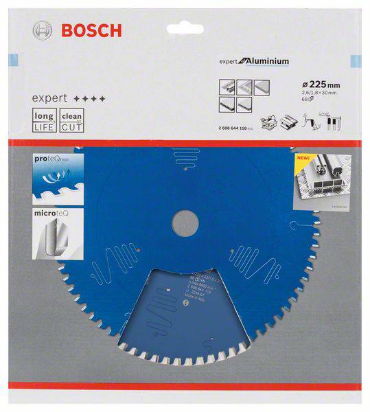 Kreissägeblatt von Bosch für Aluminium, Durchmesser 225 mm. Verpackung zeigt Symbole für Langlebigkeit, sauberen Schnitt und Präzision.