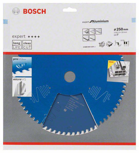 Sägeblatt Bosch Expert für Aluminium, 250 mm Durchmesser, geeignet für saubere Schnitte, mit ProteQtion- und MicroteQ-Technologie.
