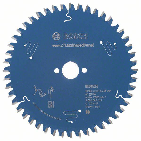 Sägeblatt für Laminat von Bosch, blau, mit zahnartigem Rand, Modell 'Expert for Laminated Panel', Durchmesser 160 mm.