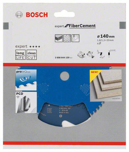 Bosch Expert Fiber Cement Kreissägeblattverpackung mit Highlights: lange Lebensdauer, sauberer Schnitt, Schutzbeschichtung.
