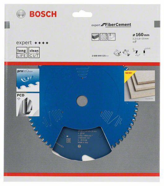 Verpackung einer Bosch Kreissägeblatt 'Fiber Cement' für Zementmaterialien, 160 mm Durchmesser, geeignet für saubere, präzise Schnitte.