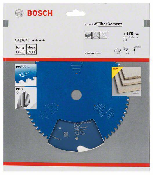 Kreissägeblatt von Bosch speziell für Faserzement mit 170 mm Durchmesser. Verpackung betont Langlebigkeit und präzisen Schnitt.