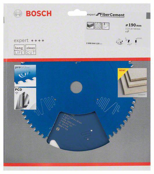 Blaue Bosch-Sägeblatt-Verpackung für 'Fiber Cement' mit 190 mm Durchmesser, lange Lebensdauer und sauberer Schnitt hervorgehoben.