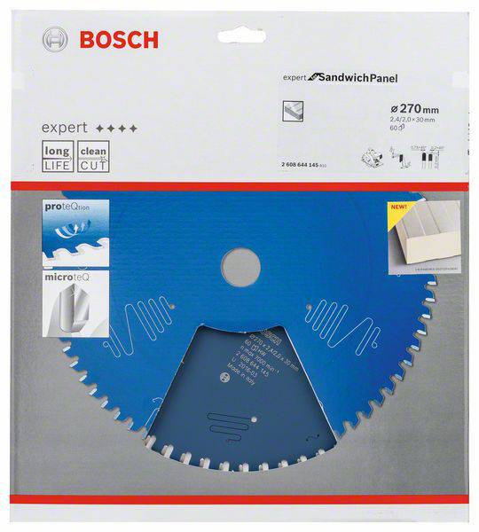 Verpackung eines Bosch Kreissägeblatts für Sandwichpaneele, 'expert' Serie, Durchmesser 270 mm, blaue Farbe, geeignet für saubere Schnitte.