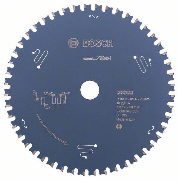 Eine blaue Bosch-Sägeblatt mit silbernen Zähnen, Aufdruck 'Bosch expert Precision', Durchmesser 184 mm, 48 Zähne, 'max 3000 min⁻¹'.