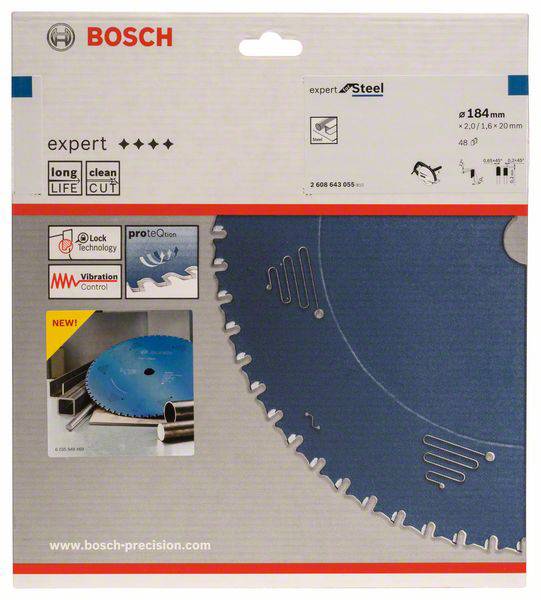 Verpackung einer Bosch Kreissäge: blaues Sägeblatt, geeignet für Stahl, 184 mm Durchmesser, lange Lebensdauer, sauberer Schnitt.
