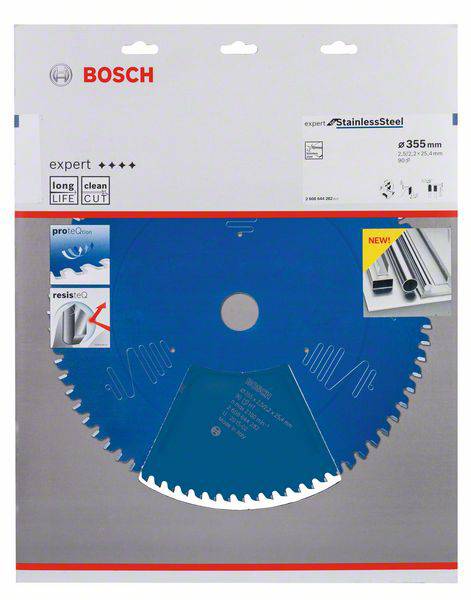 Bosch Klinge für Edelstahl, 355 mm. Expert für lange Lebensdauer und saubere Schnitte. Verpackung zeigt Anwendungshinweise.