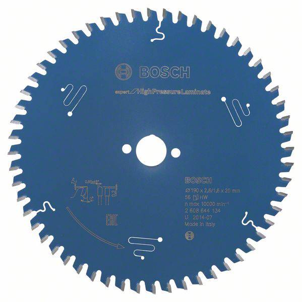 Eine blaue Kreissägeblatt von Bosch für Hochdrucklaminate. Produktdetails und Anleitungspiktogramme sind auf der Oberfläche aufgedruckt.