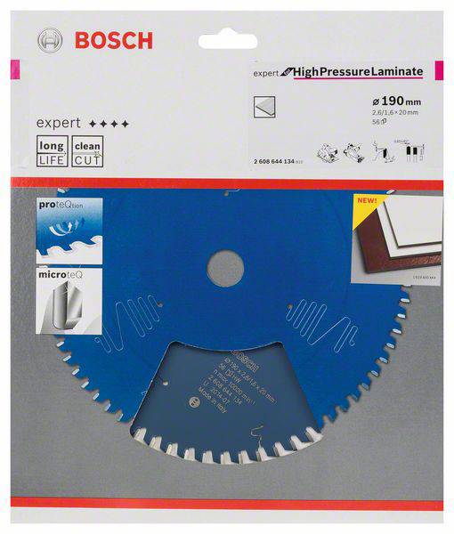 Verpackung einer Sägeblatt-Scheibe der Marke Bosch, geeignet für Hochdrucklaminate. Hervorgehobene Merkmale: Langlebigkeit, sauberer Schnitt.