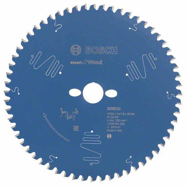 Kreissägeblatt von Bosch, blau, für Holzschnitte. Beschriftung zeigt Modellnummer und technische Details. Hergestellt in Italien.