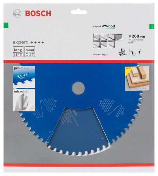 Kreissägeblatt von Bosch, geeignet für Holz, Durchmesser 260 mm, mit langer Lebensdauer und sauberem Schnitt, blaue Farbe.