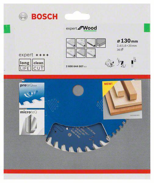 Verpackung einer Sägeklinge von Bosch, geeignet für Holz. Durchmesser 130 mm, 20 mm Bohrung. Hervorgehobene Merkmale: lange Lebensdauer, sauberer Schnitt.