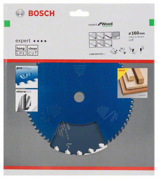 Verpackung einer Bosch Kreissägeblatt für Holz mit 160 mm Durchmesser. Zeigt Produktmerkmale und Anwendungsbeispiele.