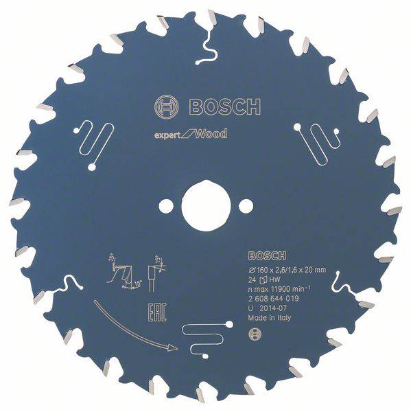 Kreissägeblatt von Bosch, geeignet für Holz, mit 24 Zähnen. Durchmesser 160 mm, Bohrung 20 mm. Hergestellt in Italien.