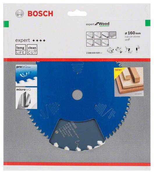 'Bosch Expert Wood' Kreissägeblatt-Verpackung, zeigt das 160 mm Blatt für Holz, Schutz- und Materialtechnologien betont; geeignet für präzises Schneiden.