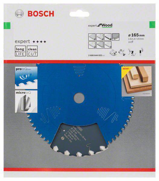 Verpackung einer Bosch-Kreissäge 'Expert for Wood', Durchmesser 165 mm, Hervorhebung auf Langlebigkeit und saubere Schnitte.