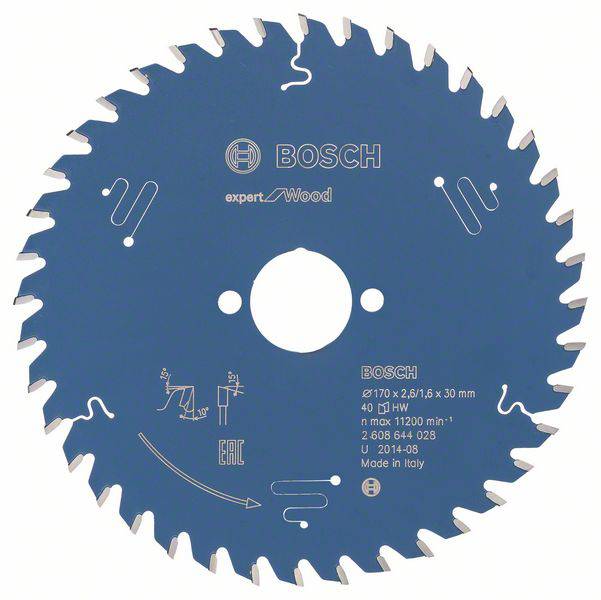 Bosch Kreissägeblatt für Holz, Durchmesser 170 mm, 40 Zähne, max. 11200 U/min, hergestellt in Italien.