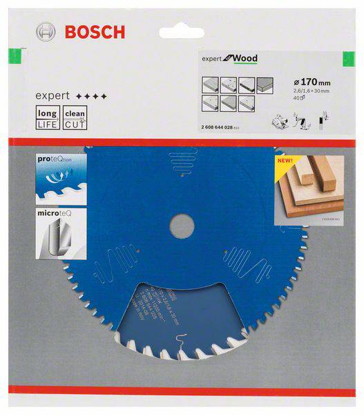 Bosch Kreissägeblatt 'Expert for Wood', 170 mm, geeignet für präzises Schneiden von Holz, mit blauer Schutzbeschichtung und feinen Zähnen.