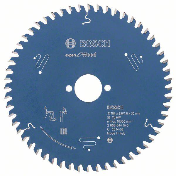 Blaues Bosch-Sägeblatt für Holz mit Markierung, technische Details und Logos, Durchmesser 216 mm. Made in Italy.