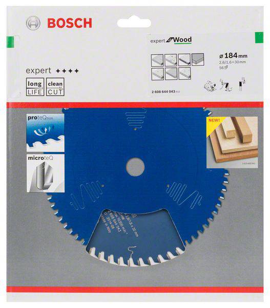 'Bosch Expert'-Kreissägeblatt für Holz, 184 mm Durchmesser. Hervorgehobene Merkmale: lange Lebensdauer, sauberer Schnitt.