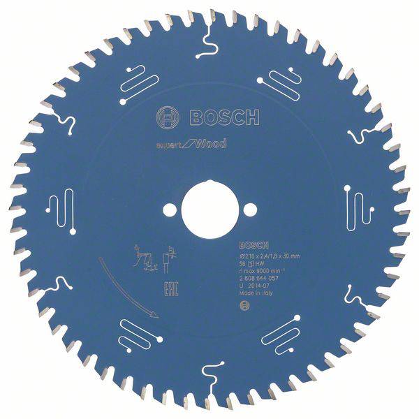 Kreissägeblatt mit blauer Beschichtung, Zähne rundum, Marke Bosch, Modell Expert for Wood, Durchmesser 216 mm.