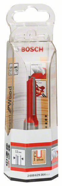 Verpackung eines Bosch Holzfräsers, 12 mm Durchmesser, für präzises Fräsen, in einer transparenten Kunststoffhülle.