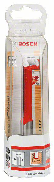 'Bosch' Holzfräser in Verpackung. Geeignet für Nuten an Holzwerkstoffen. Schaftdurchmesser: 12mm, Schnitttiefe: 15mm, Schnittbreite: 12mm.