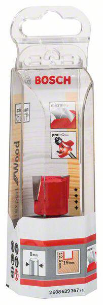 Verpackung eines Bosch Forstnerbohrers mit Fokus auf Holzarbeiten. Enthält Details zu Größe und Merkmale, wie 'clean cut'.