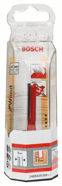 Verpackung eines Bosch Fräsers für Holzarbeiten, 8 mm Durchmesser, geeignet für präzises Schneiden und feine Details.