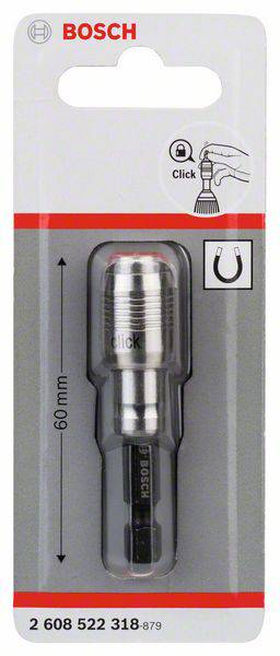 Ersatzadapter für Werkzeuge, 60 mm Länge. Verpackung mit Bosch-Logo. Abbildung zeigt Einrasten mit Klickmechanismus.