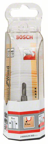 Verpackung eines Bosch-Fräsers mit 'Clean Cut'-Bezeichnung. Geeignet für 8 mm Holzfräsarbeiten, R3 mm Radius.