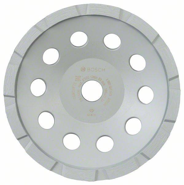 Rundes Schleifblatt aus Metall mit mehreren Löchern und segmentierten Schnittkanten. Eignet sich zum Diamantschneiden von Baumaterialien.