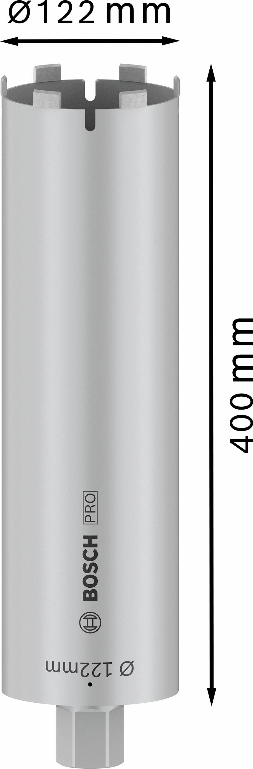 Silberne Kernbohrkrone mit einer Breite von 122 mm und einer Höhe von 400 mm. Aufschrift: 'BOSCH PRO'.