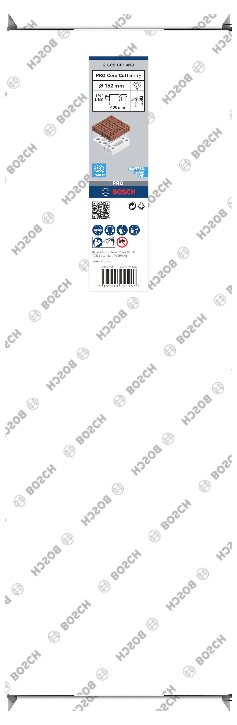 Verpackung einer Bosch-Schleifscheibe. Zeigt die Marke, Produktdetails wie Größe und Kompatibilität. Hintergrundmuster mit Bosch-Logo.