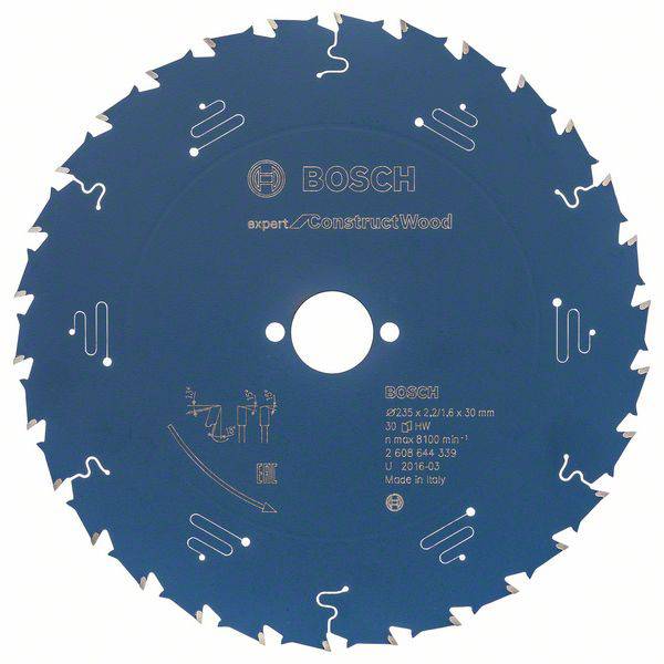 Kreissägeblatt von Bosch für Holz, Modell Expert Construct Wood, 235 x 2,2/1,6 x 30 mm, 30 Zähne, Hergestellt in Italien.