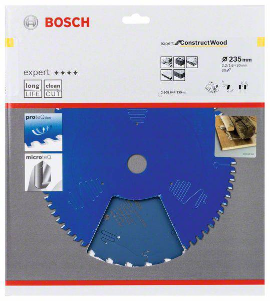 Verpackung einer blauen Bosch Sägeblatt für Holz mit 235 mm Durchmesser, geeignet für langlebige und saubere Schnitte.