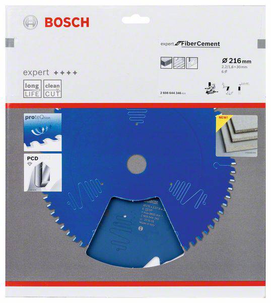 Bosch Sägeblatt für Faserzement, Ø 216 mm, Expert+ Serie, lange Lebensdauer, präziser Schnitt. Verpackung zeigt Produkt.