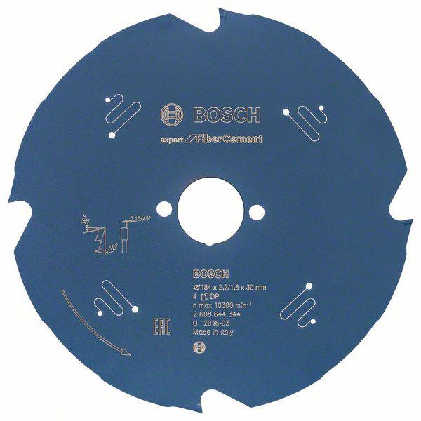 Sägeblatt mit der Aufschrift 'Bosch Expert', geeignet für Materialien wie Faserzement. Durchmesser- und Produktinformationen angegeben.