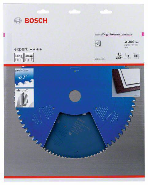 Blaues Kreissägeblatt für Hochdrucklaminate von Bosch. Verpackung zeigt Anwendungshinweise und Qualitätsmerkmale.